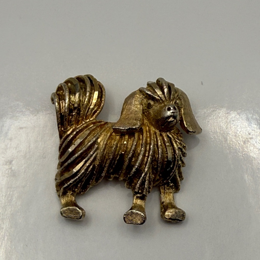 SIgned JS Goldtone Shitzu Brooch Vintage